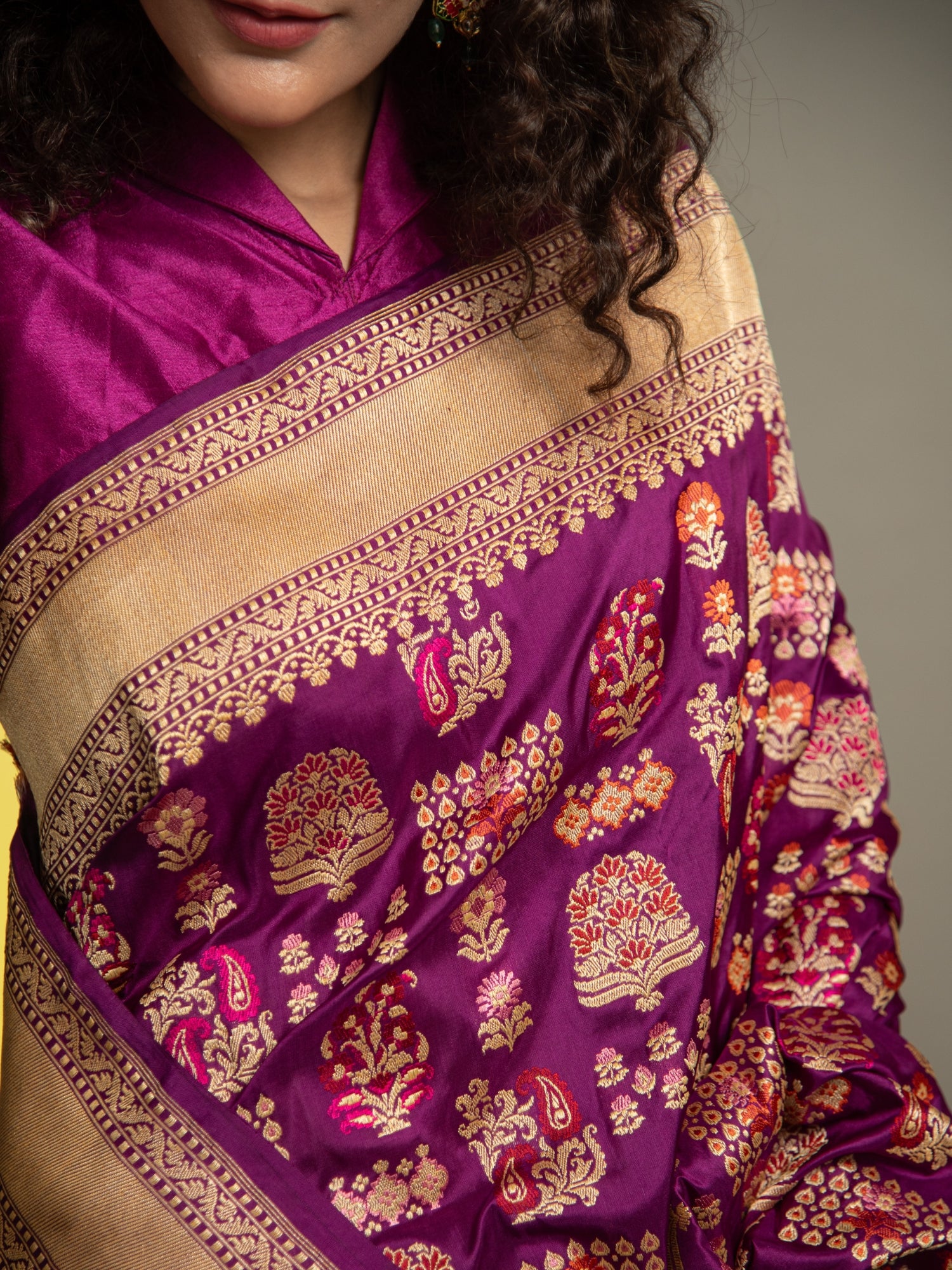 Wine Handloom Banarasi Katan Silk Saree with Kadhua Jangla and Multicolor Meena