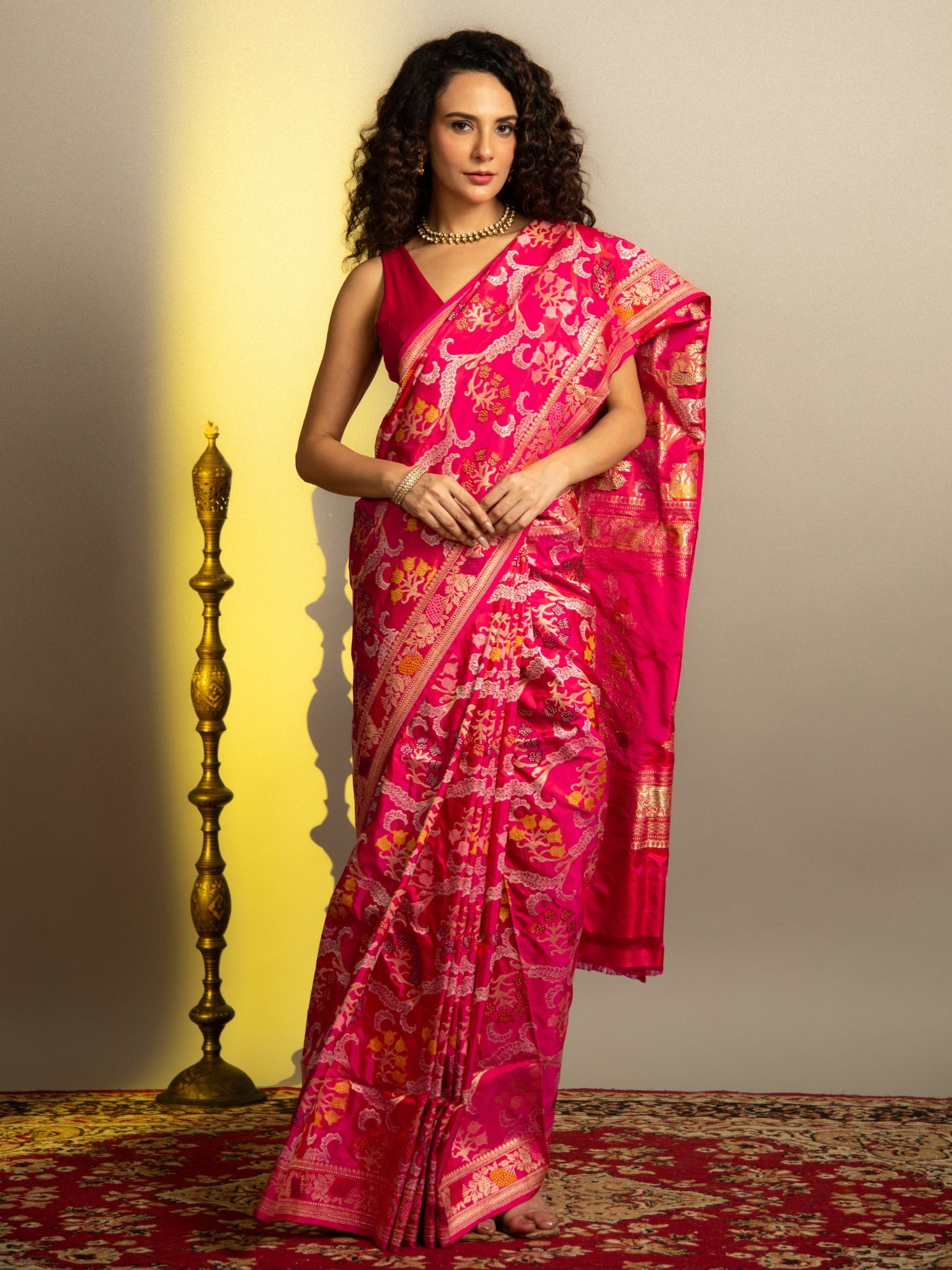Rani Pink and Red Handloom Banarasi Katan Silk Saree with Multicolor Meena