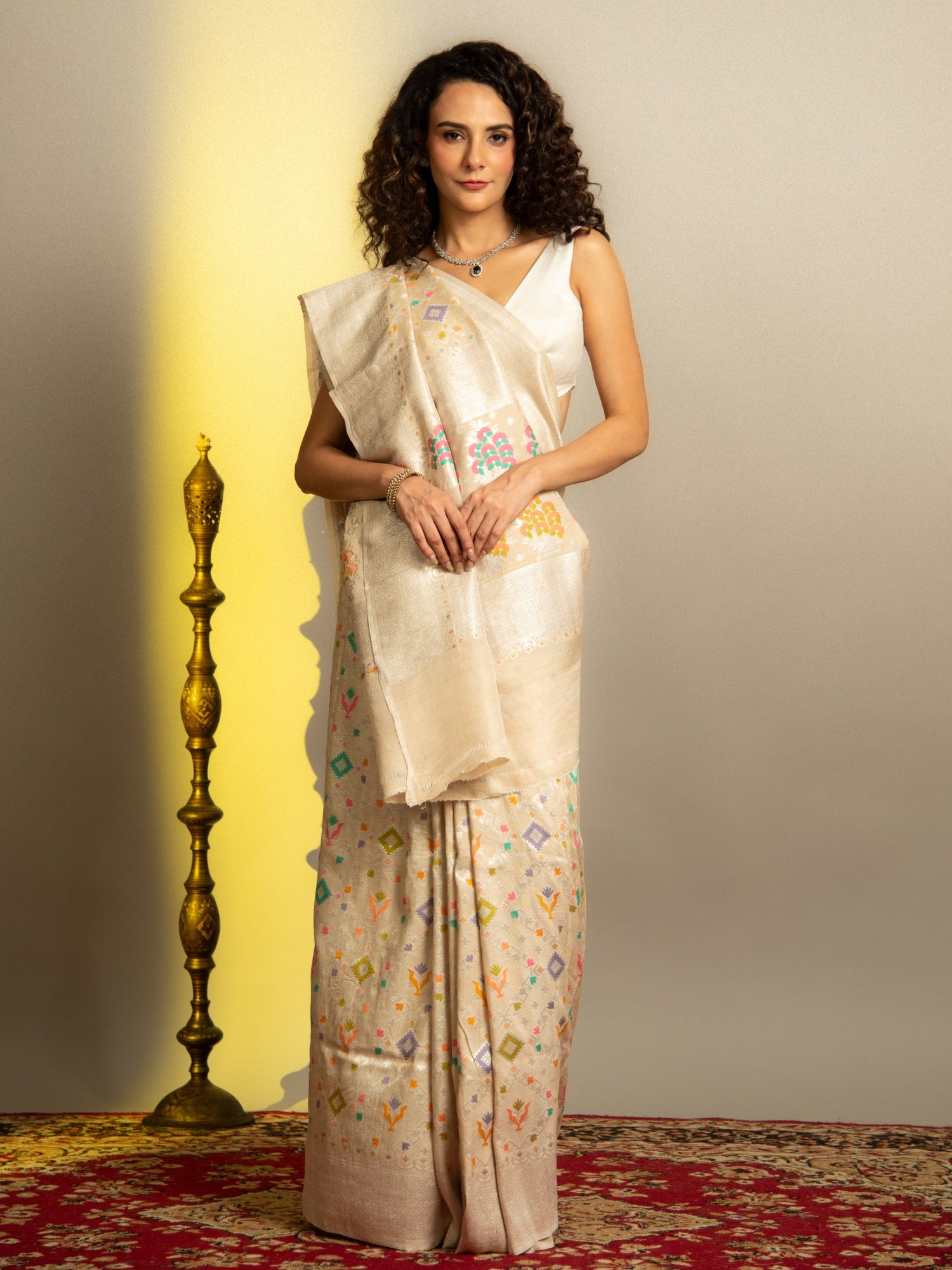 Off White Handloom Banarasi Tussar Silk Saree with Multicolor geometric jaal