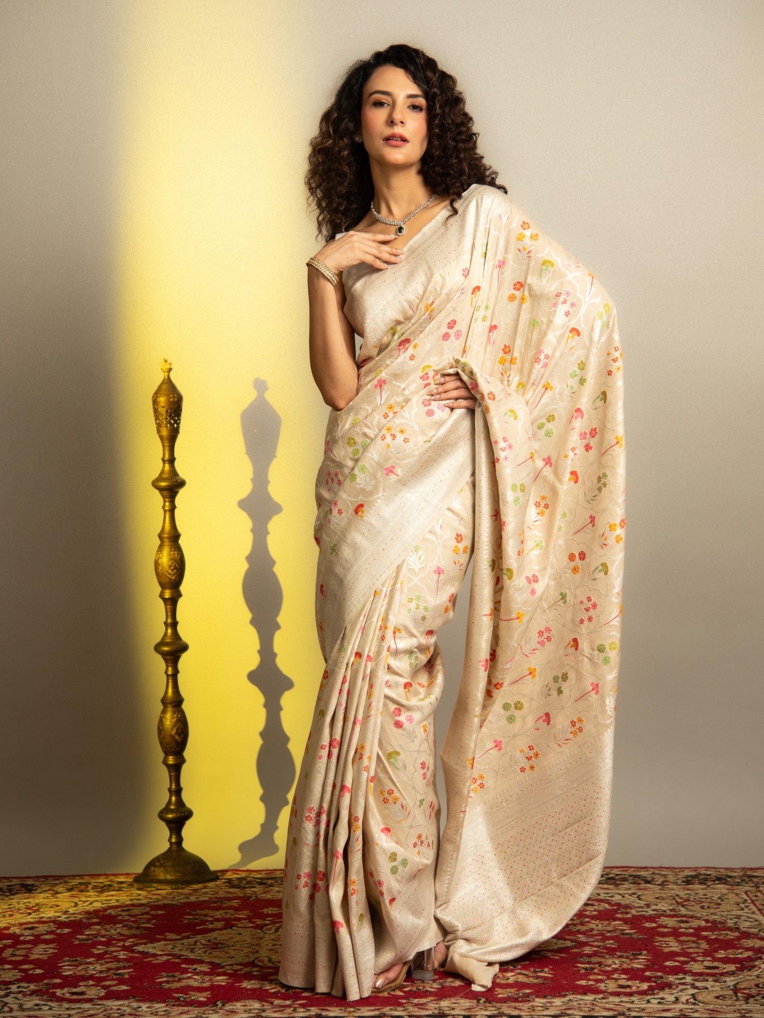 Off White Handloom Banarasi Tussar Silk Saree with floral jaal