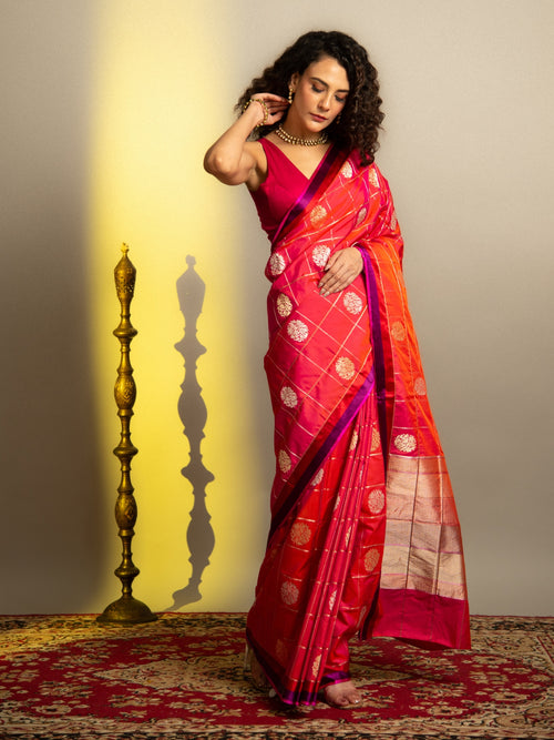 Burnt Orange Handloom Banarasi Katan Silk Saree with Satin Border