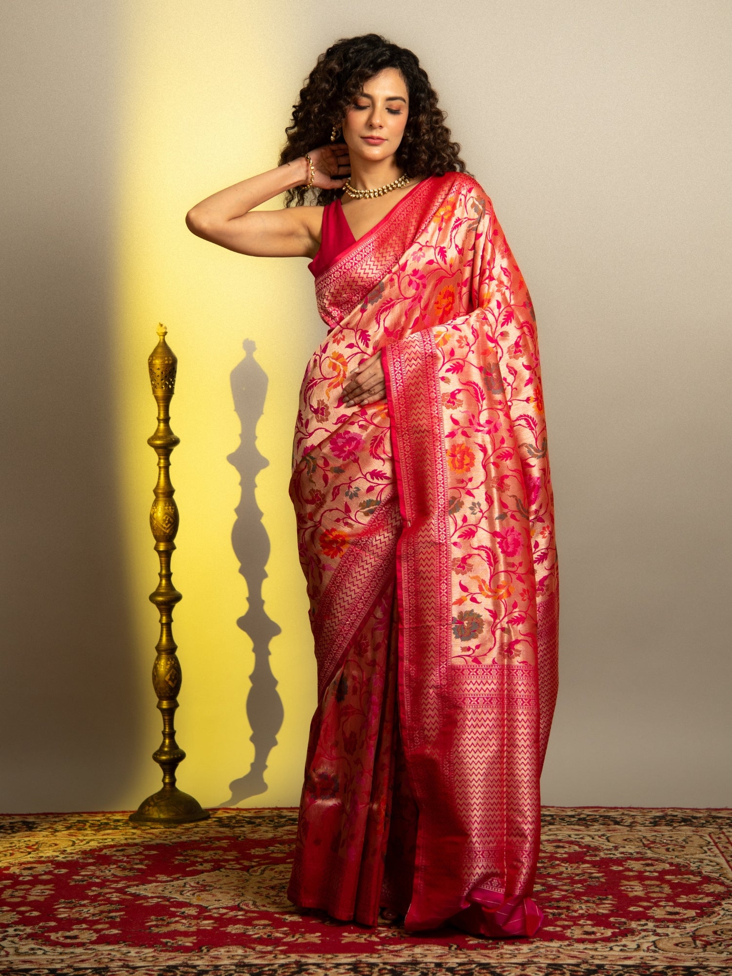 Red and Pink Meenakari Banarasi Katan Silk Saree