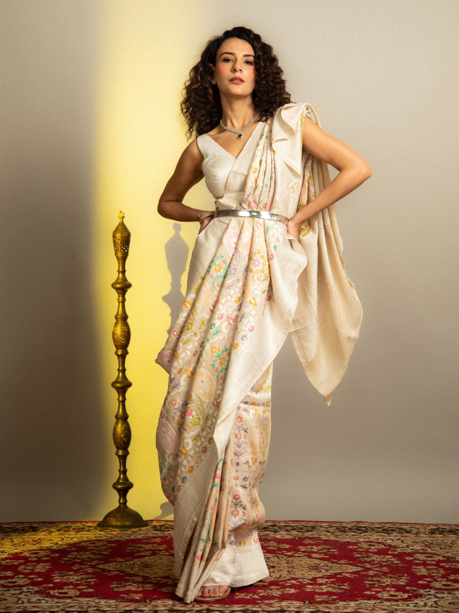 Off White Handloom Banarasi Tussar Silk Saree with Multicolor Floral Jaal