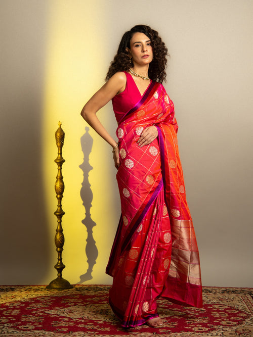 Burnt Orange Handloom Banarasi Katan Silk Saree with Satin Border