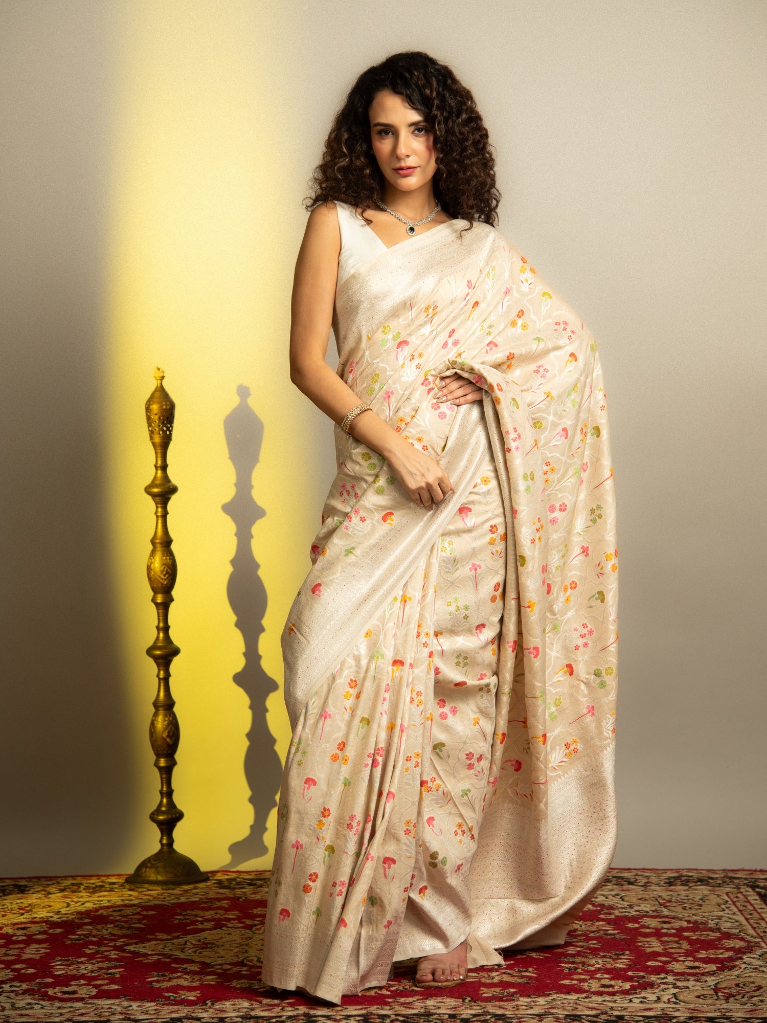 Off White Handloom Banarasi Tussar Silk Saree with floral jaal