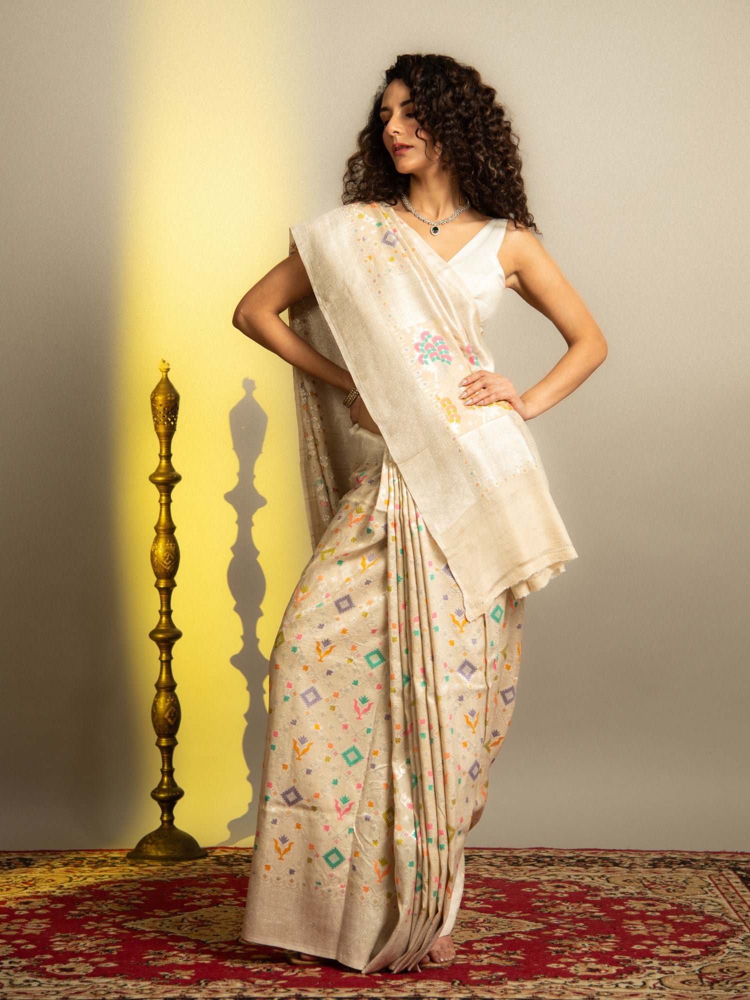 Off White Handloom Banarasi Tussar Silk Saree with Multicolor geometric jaal