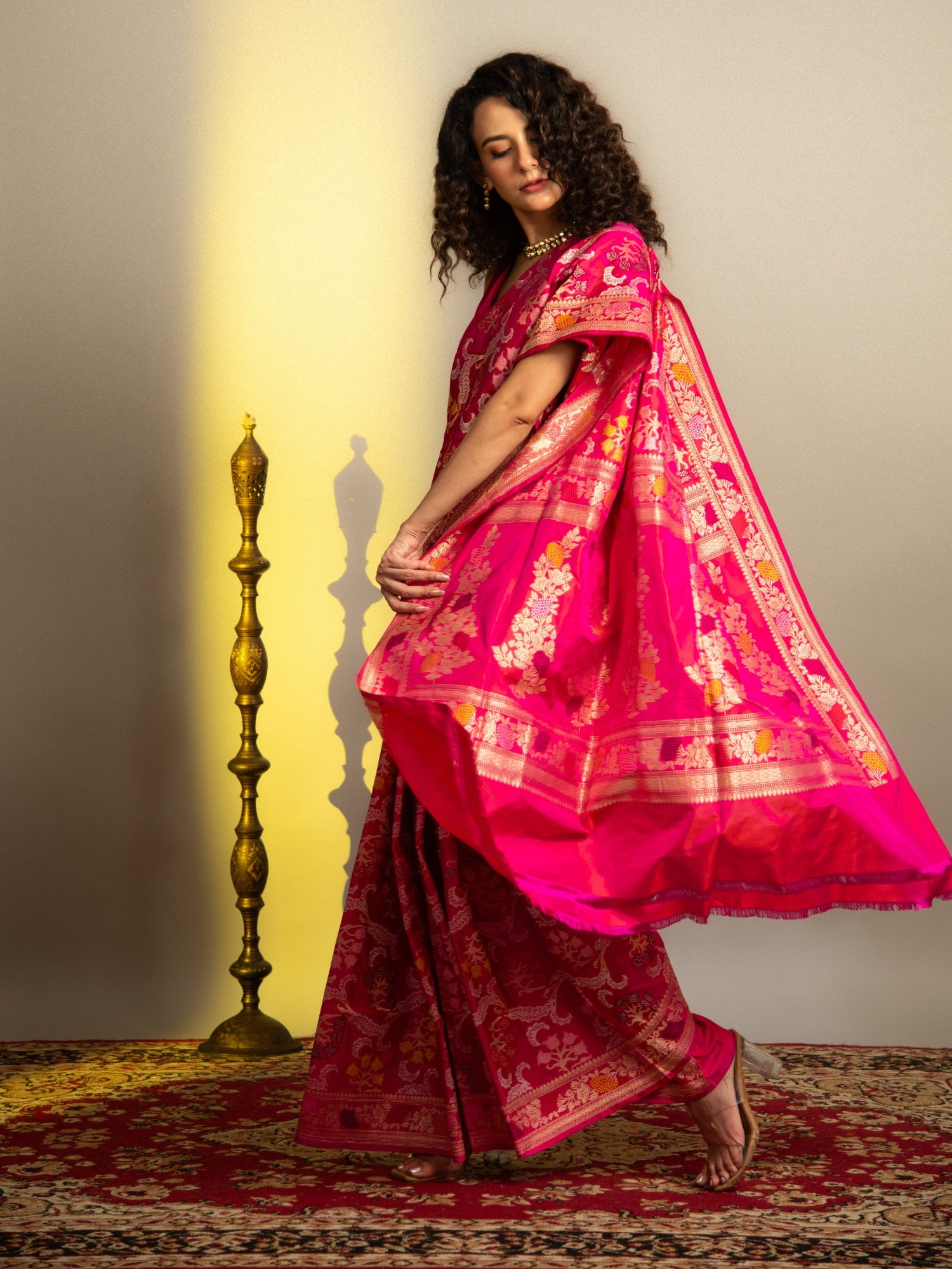 Rani Pink and Red Handloom Banarasi Katan Silk Saree with Multicolor Meena