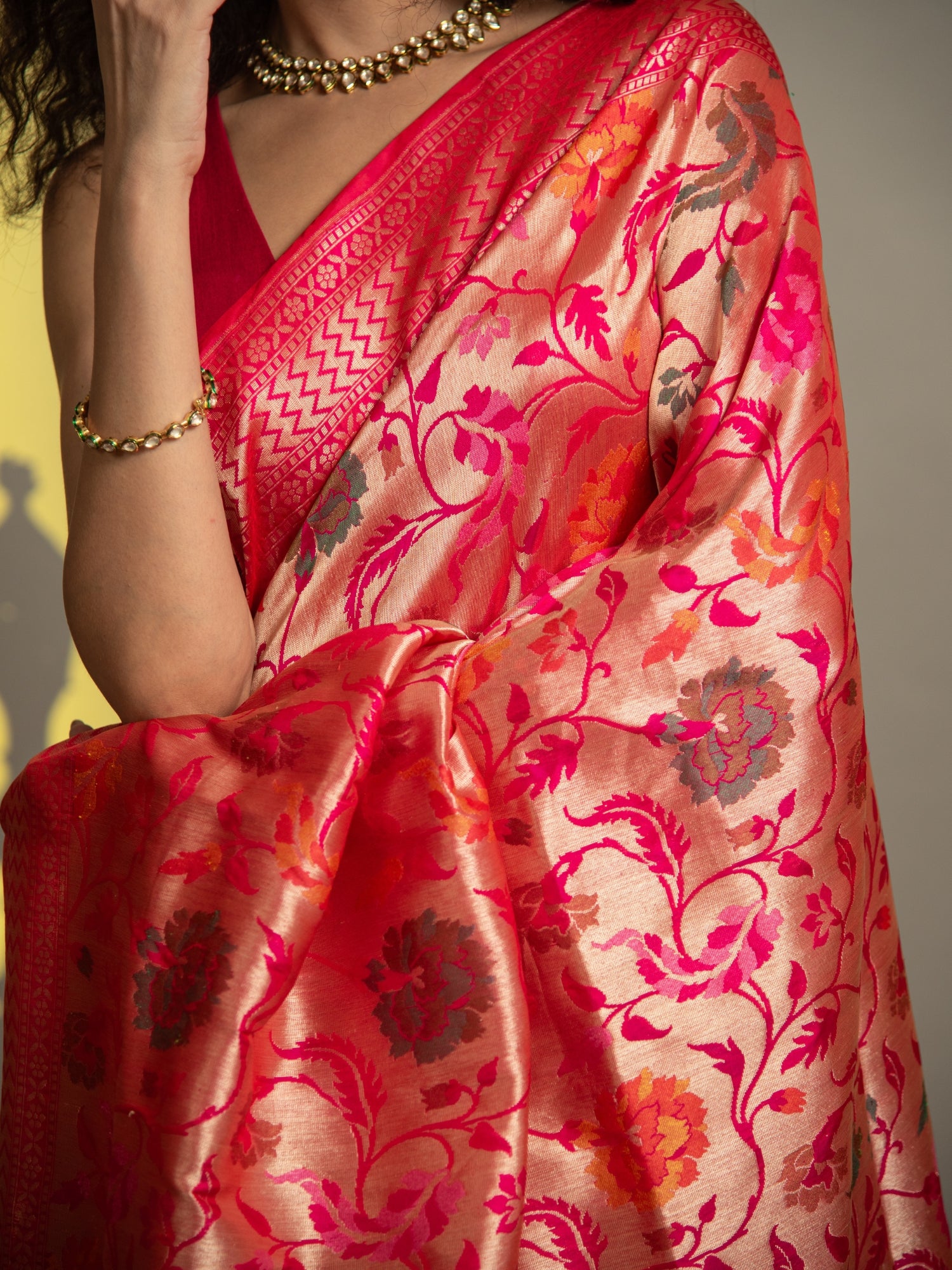 Red and Pink Meenakari Banarasi Katan Silk Saree