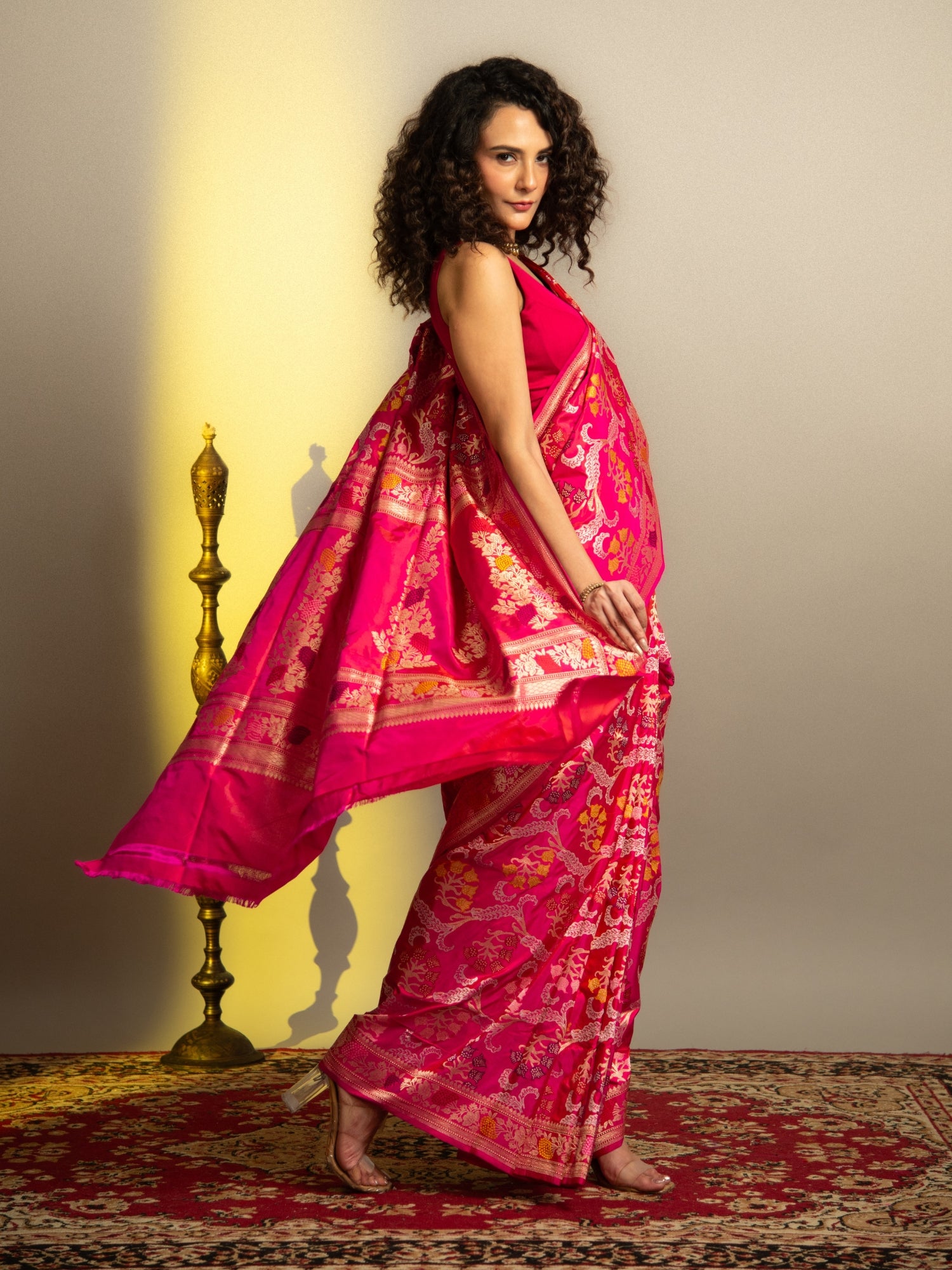 Rani Pink and Red Handloom Banarasi Katan Silk Saree with Multicolor Meena