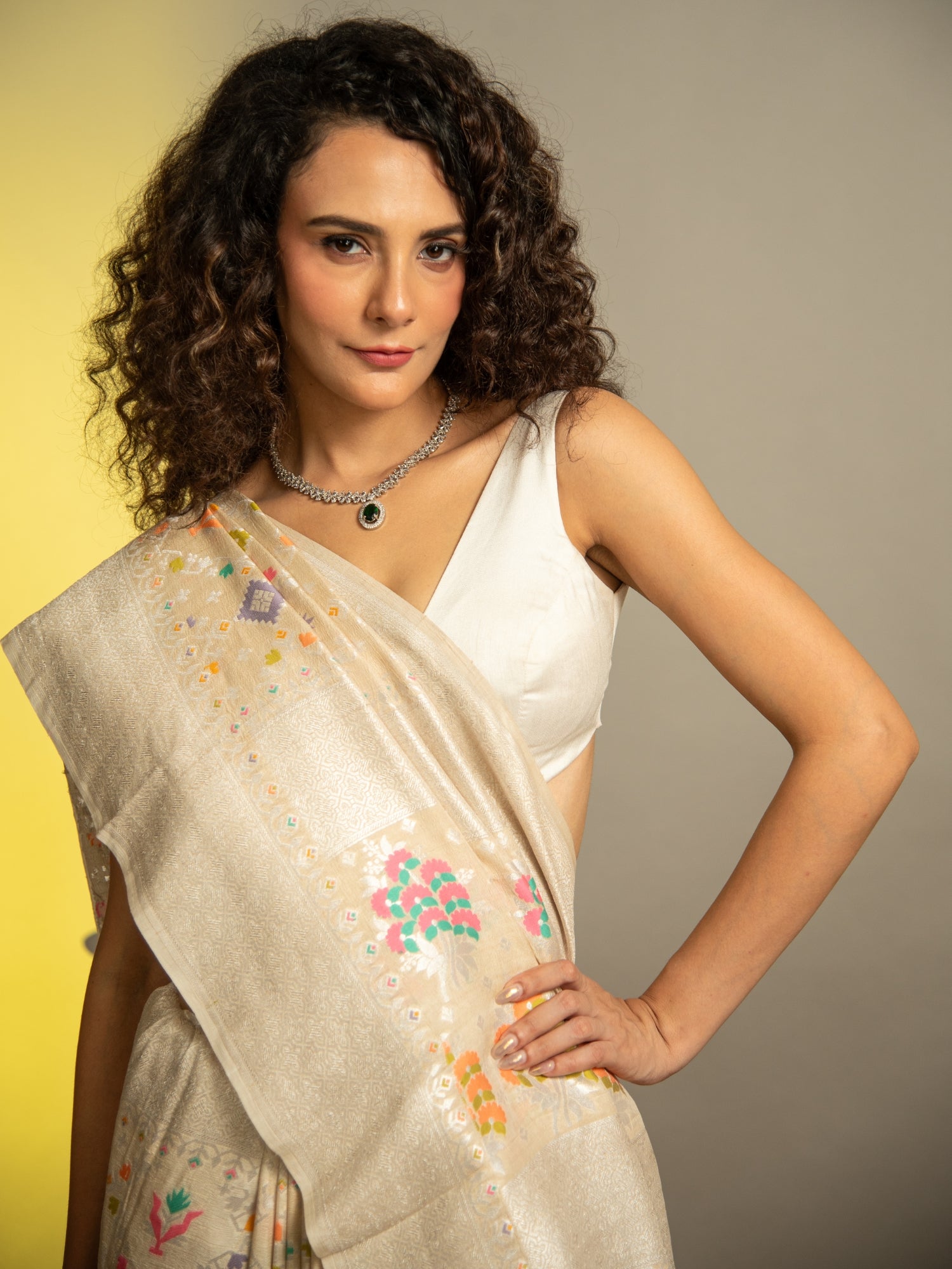 Off White Handloom Banarasi Tussar Silk Saree with Multicolor geometric jaal