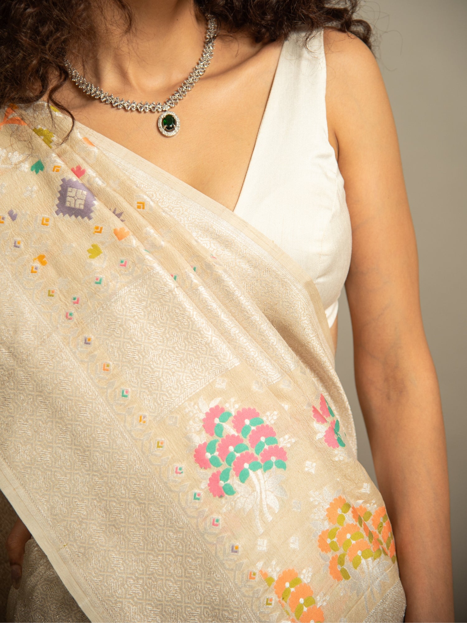 Off White Handloom Banarasi Tussar Silk Saree with Multicolor geometric jaal