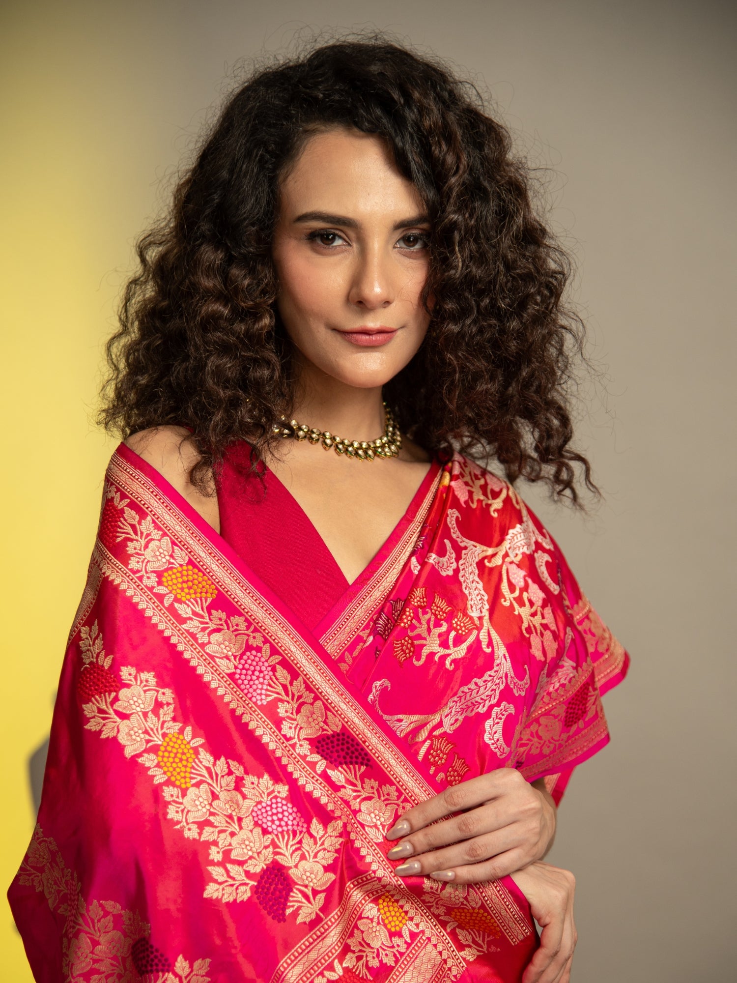 Rani Pink and Red Handloom Banarasi Katan Silk Saree with Multicolor Meena