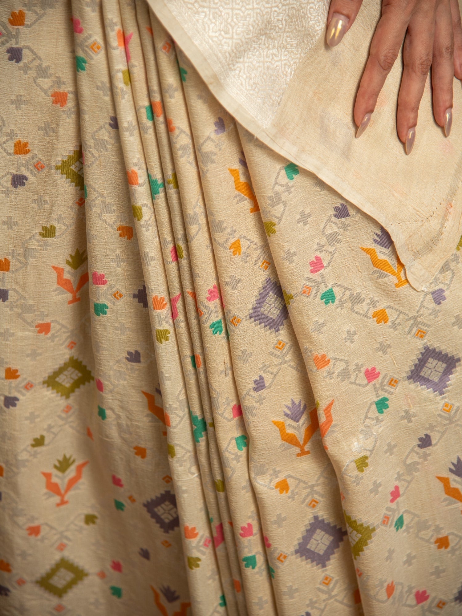Off White Handloom Banarasi Tussar Silk Saree with Multicolor geometric jaal
