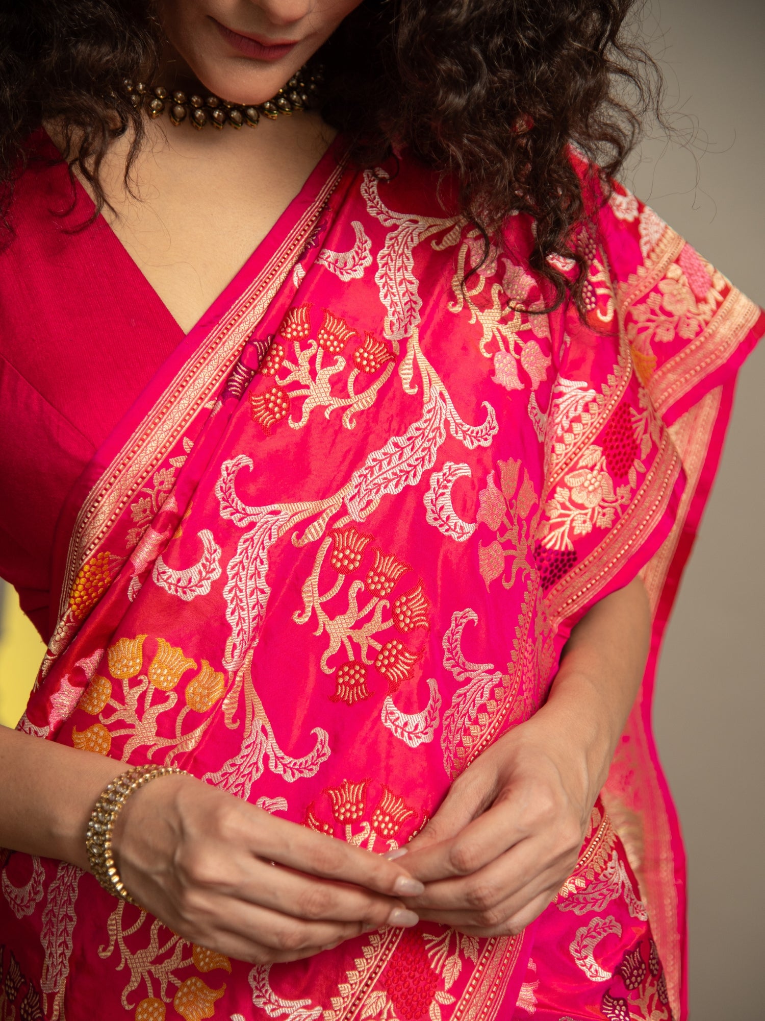 Rani Pink and Red Handloom Banarasi Katan Silk Saree with Multicolor Meena