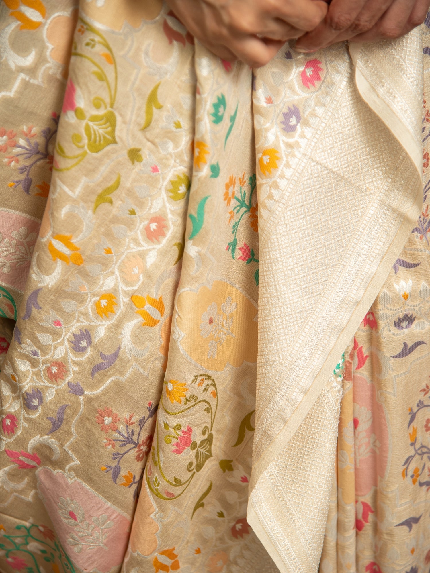Off White Handloom Banarasi Tussar Silk Saree with Multicolor Floral Jaal
