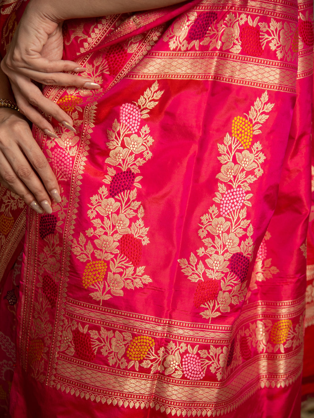 Rani Pink and Red Handloom Banarasi Katan Silk Saree with Multicolor Meena