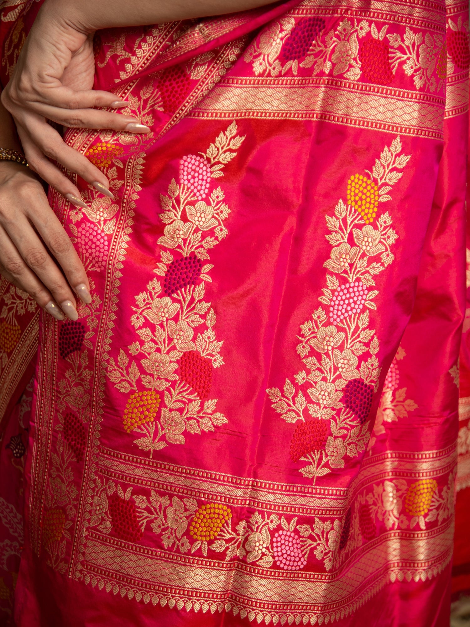 Rani Pink and Red Handloom Banarasi Katan Silk Saree with Multicolor Meena