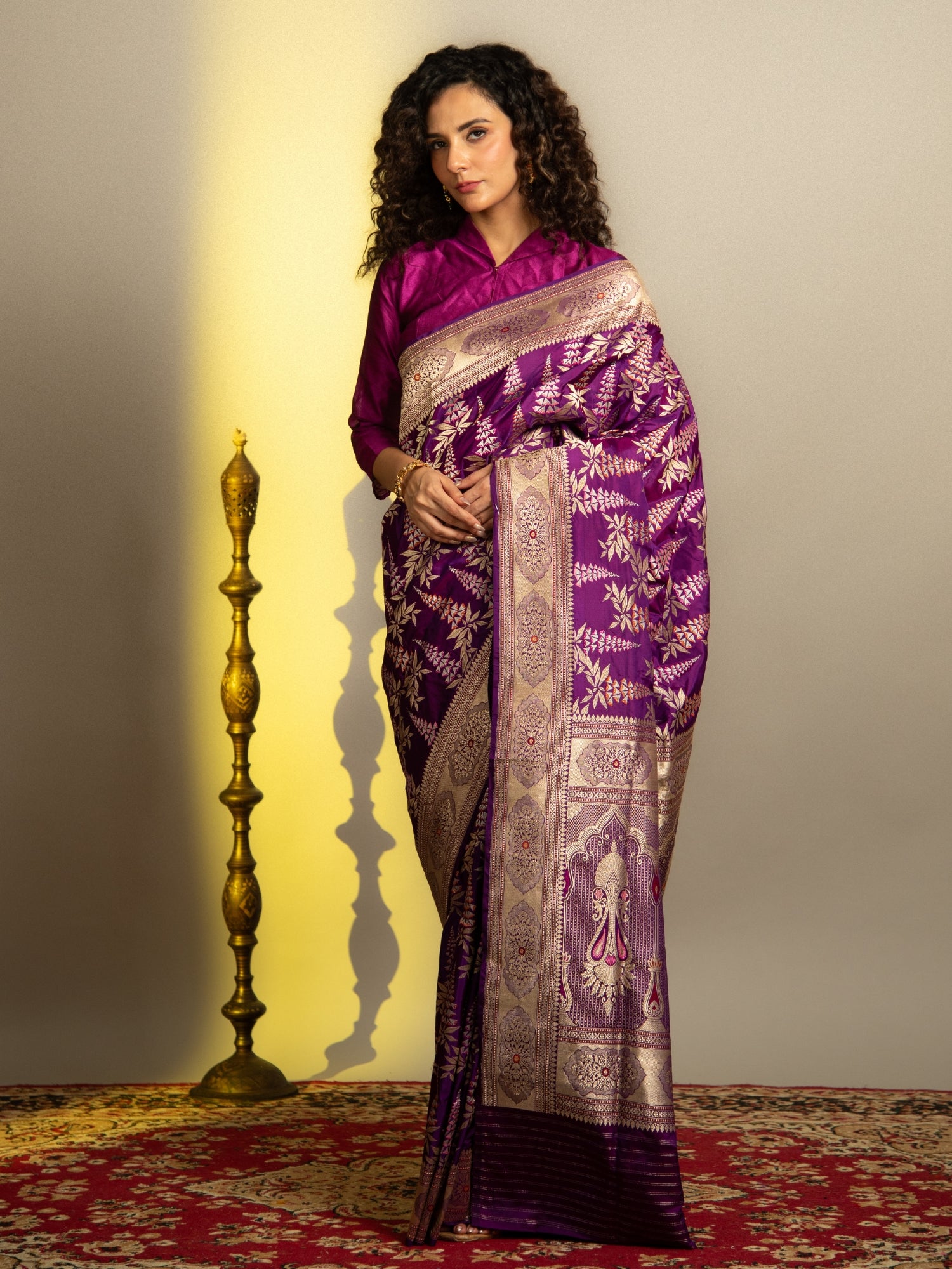 Purple Handloom Jangla Banarasi Katan Silk Saree with Multicolor Meena