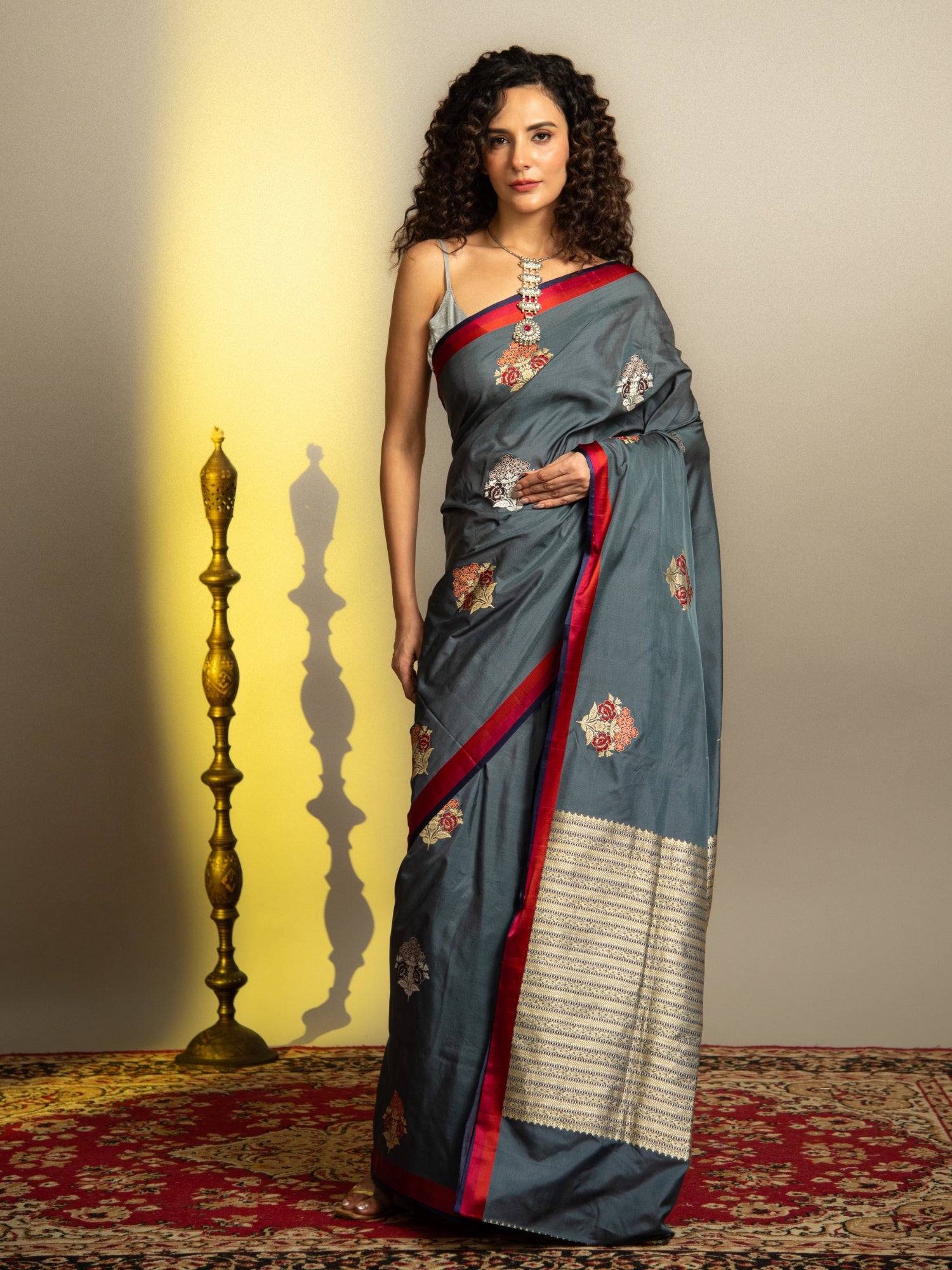 Slate Blue Banarasi Mashru Silk Saree