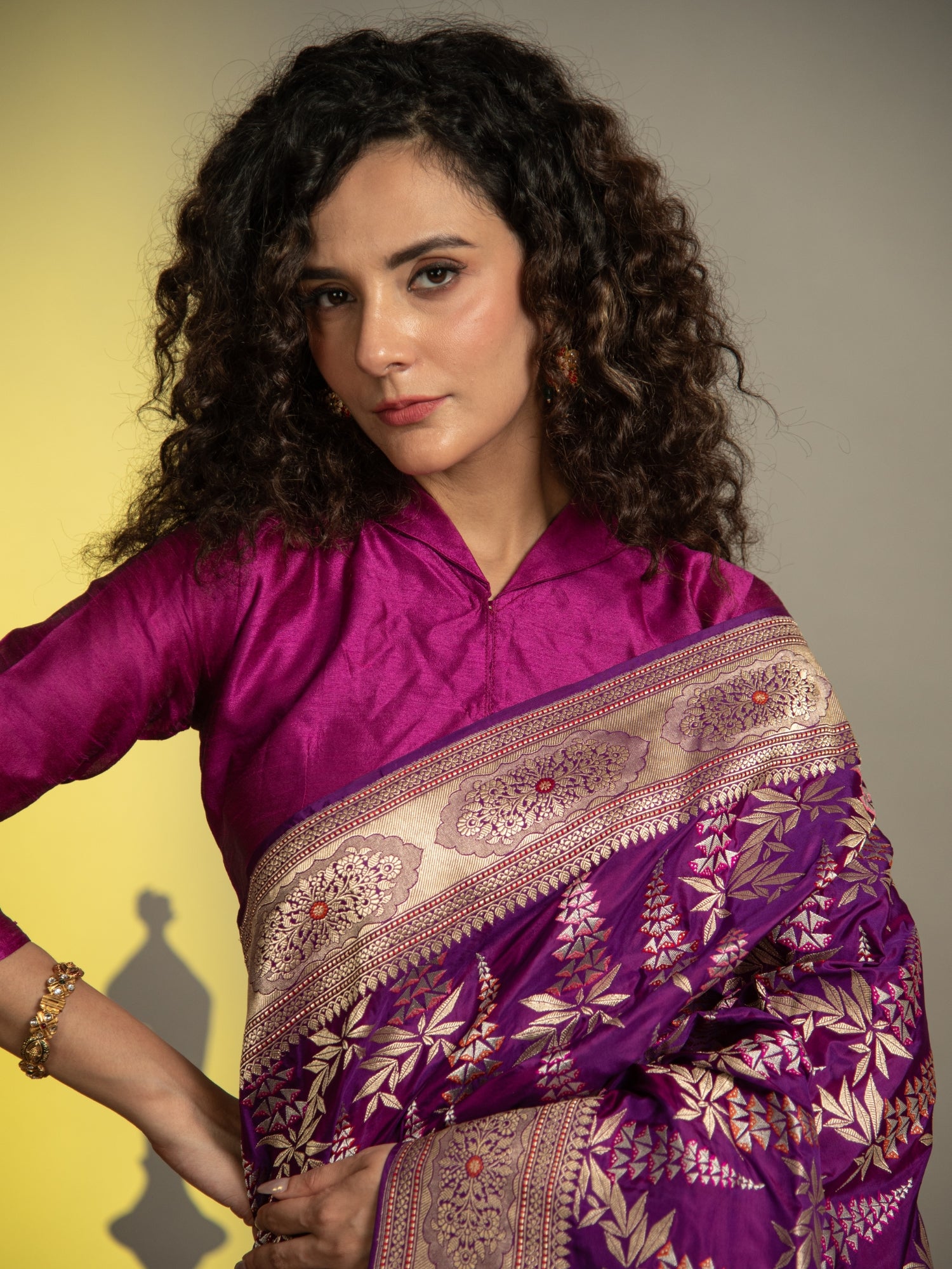 Purple Handloom Jangla Banarasi Katan Silk Saree with Multicolor Meena