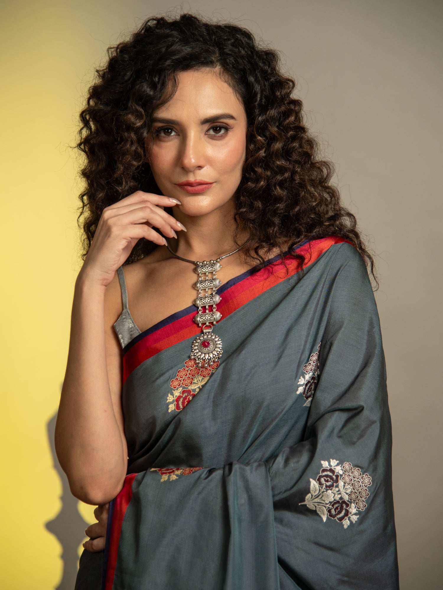 Slate Blue Banarasi Mashru Silk Saree