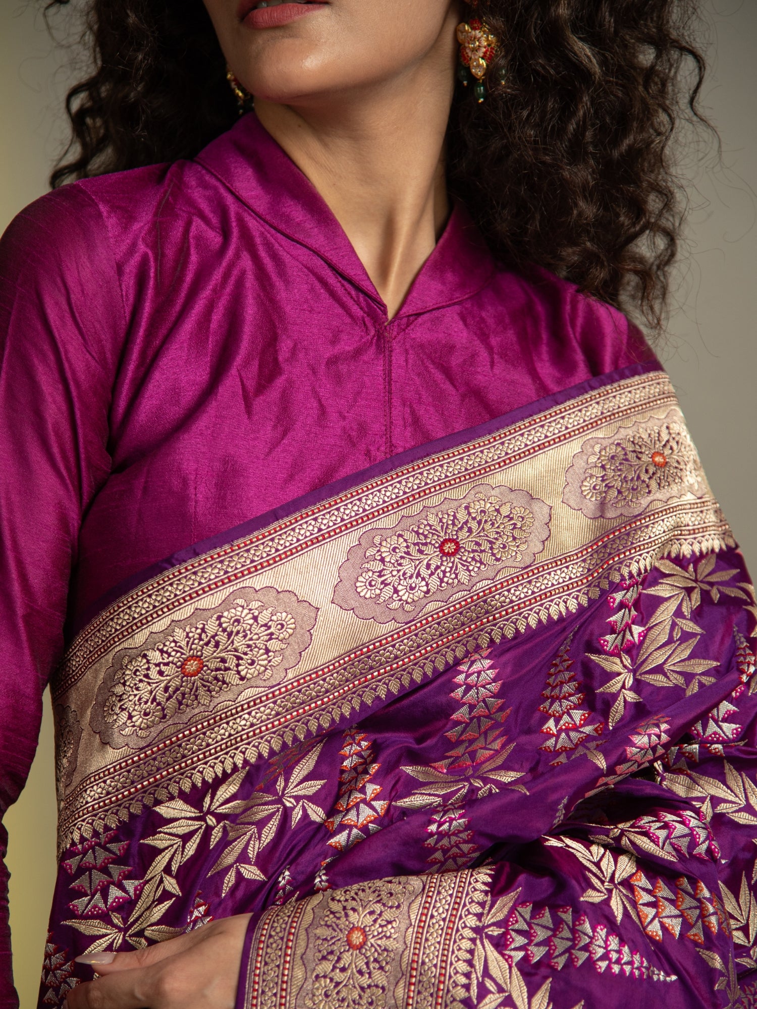 Purple Handloom Jangla Banarasi Katan Silk Saree with Multicolor Meena