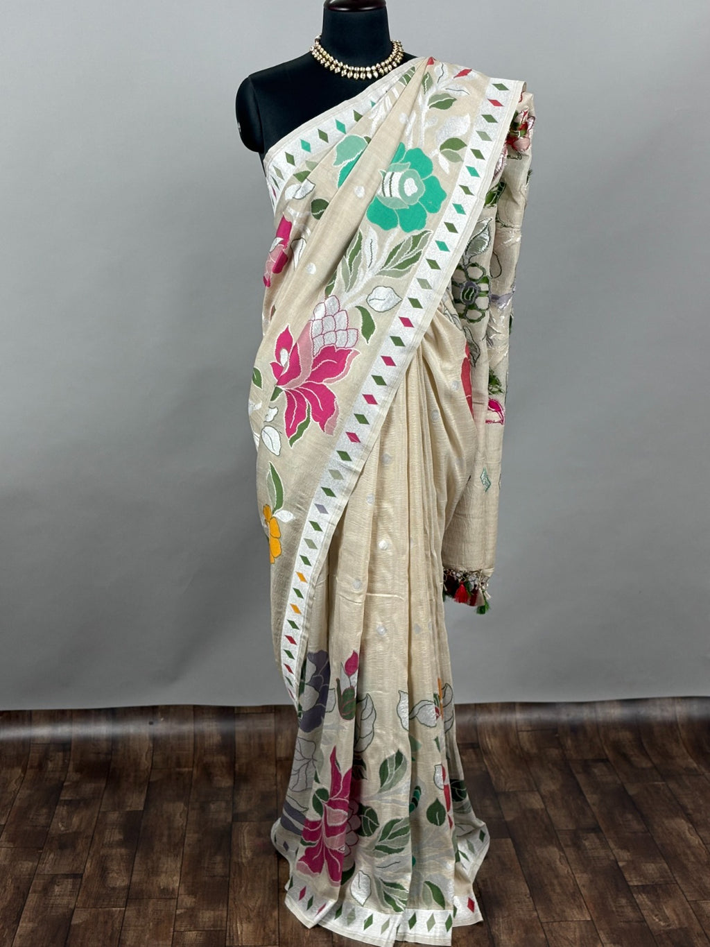 Beige Meenakari Handloom Banarasi Tussar Silk Saree