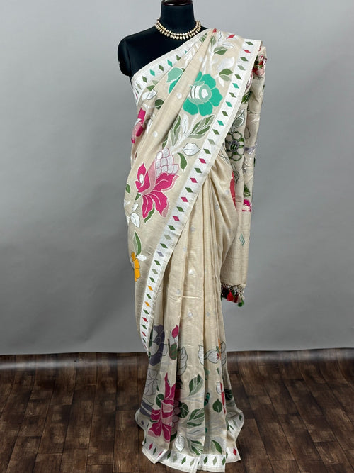 Beige Meenakari Handloom Banarasi Tussar Silk Saree