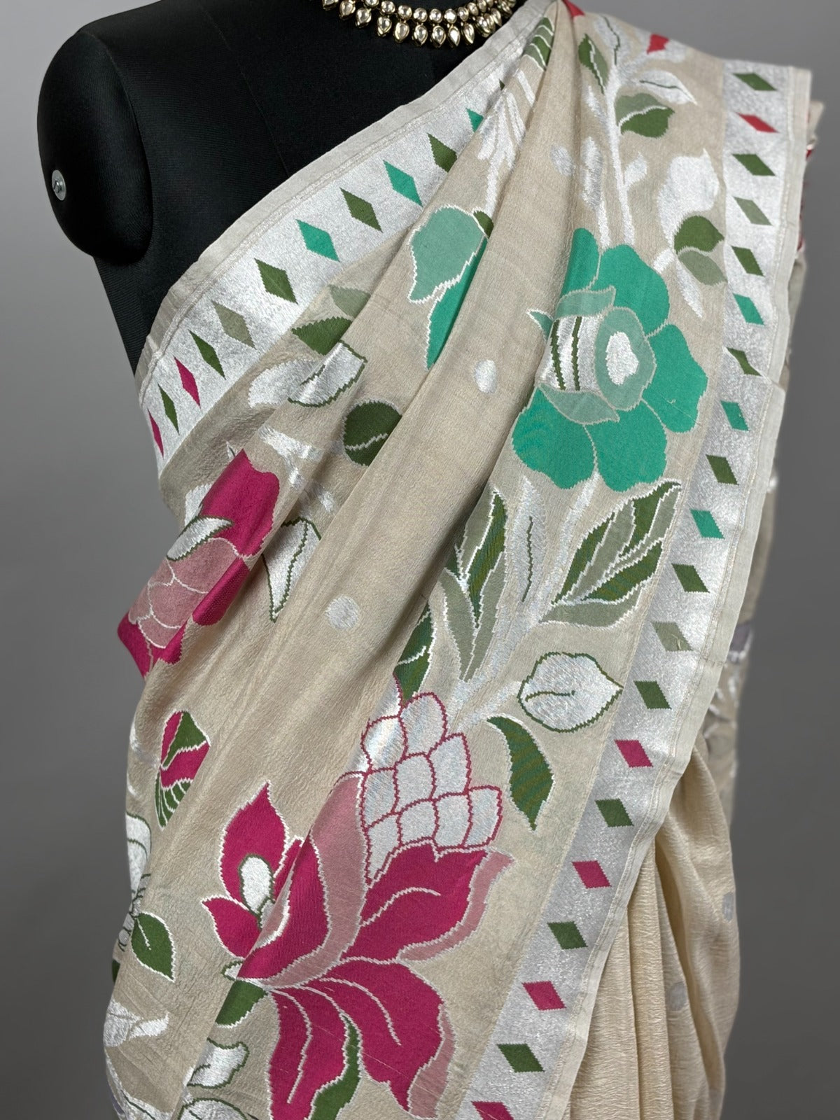 Beige Meenakari Handloom Banarasi Tussar Silk Saree