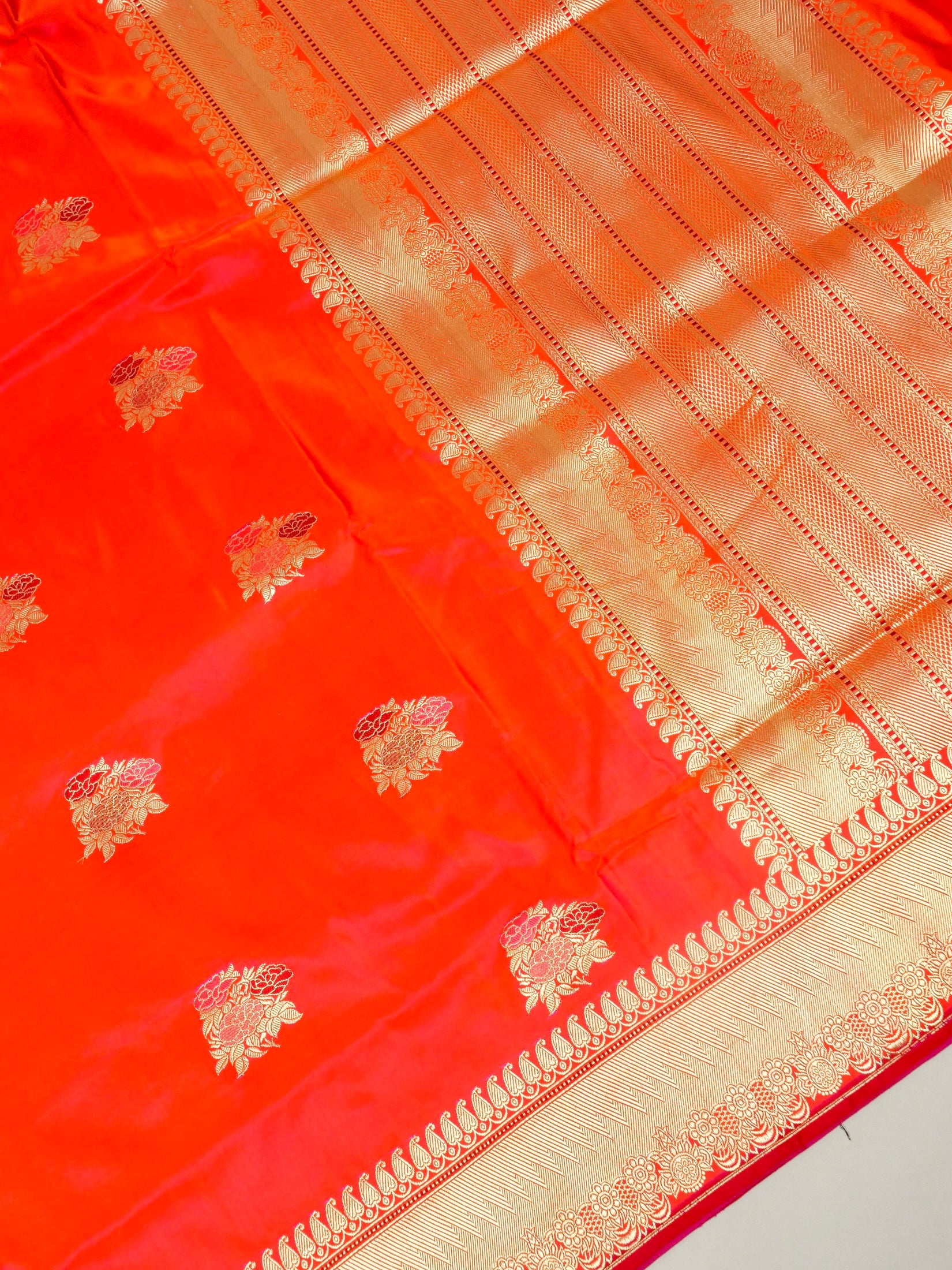 Orange Mashru Silk Kadhuwa Buta Zari Border Aanchal Saree