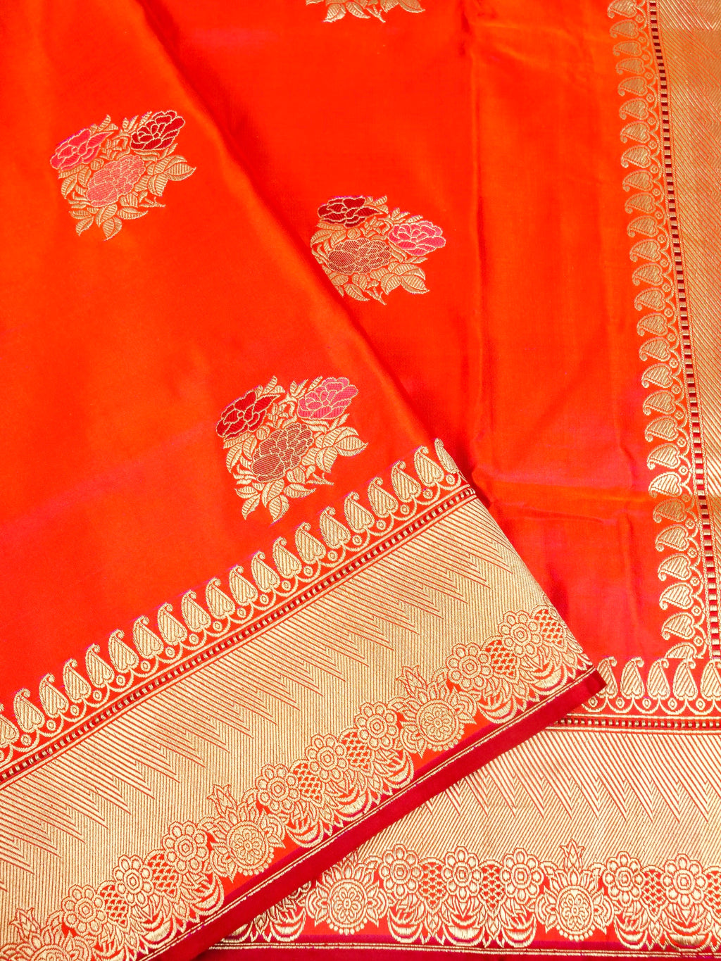Orange Mashru Silk Kadhuwa Buta Zari Border Aanchal Saree