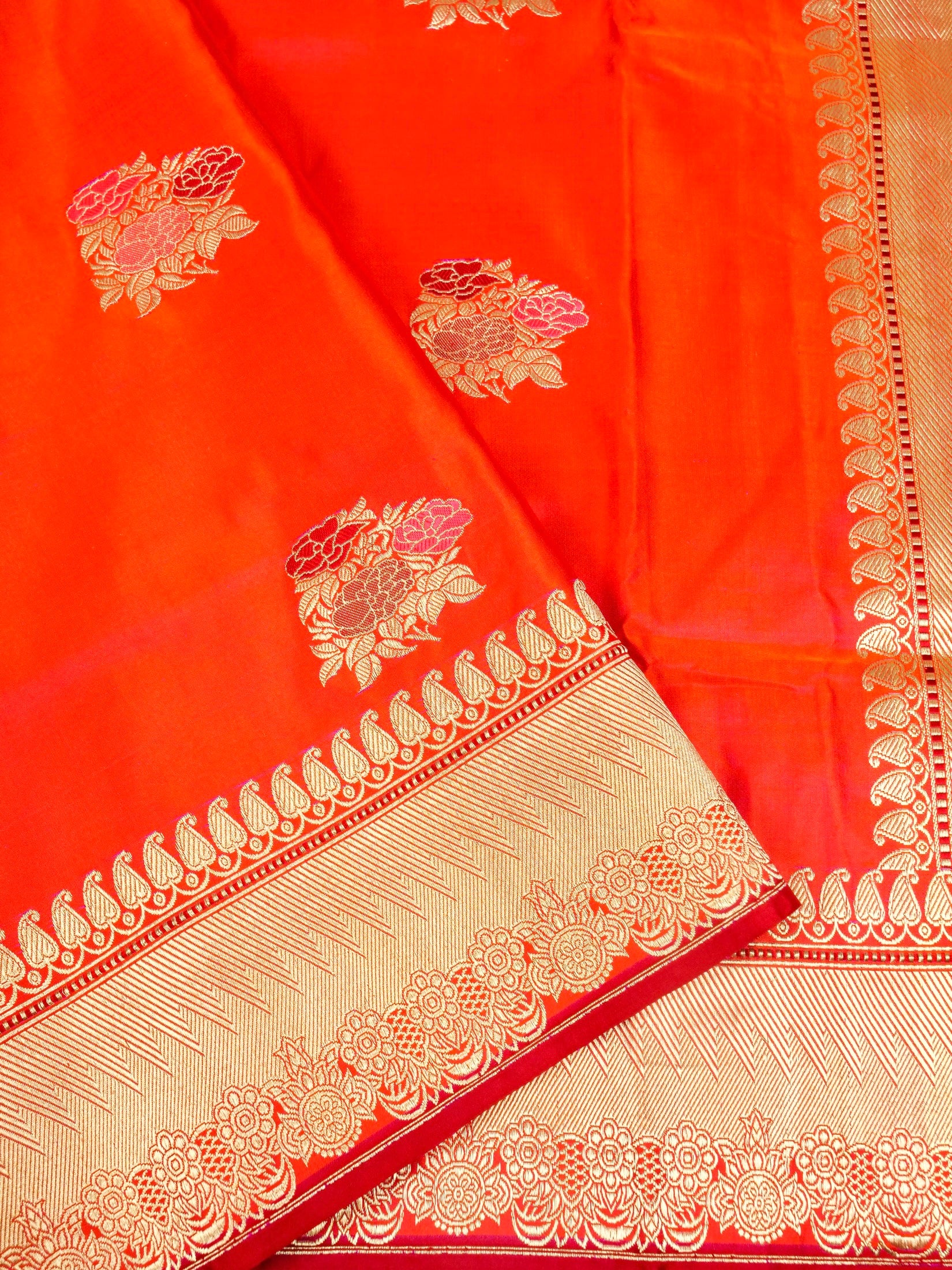 Orange Mashru Silk Kadhuwa Buta Zari Border Aanchal Saree