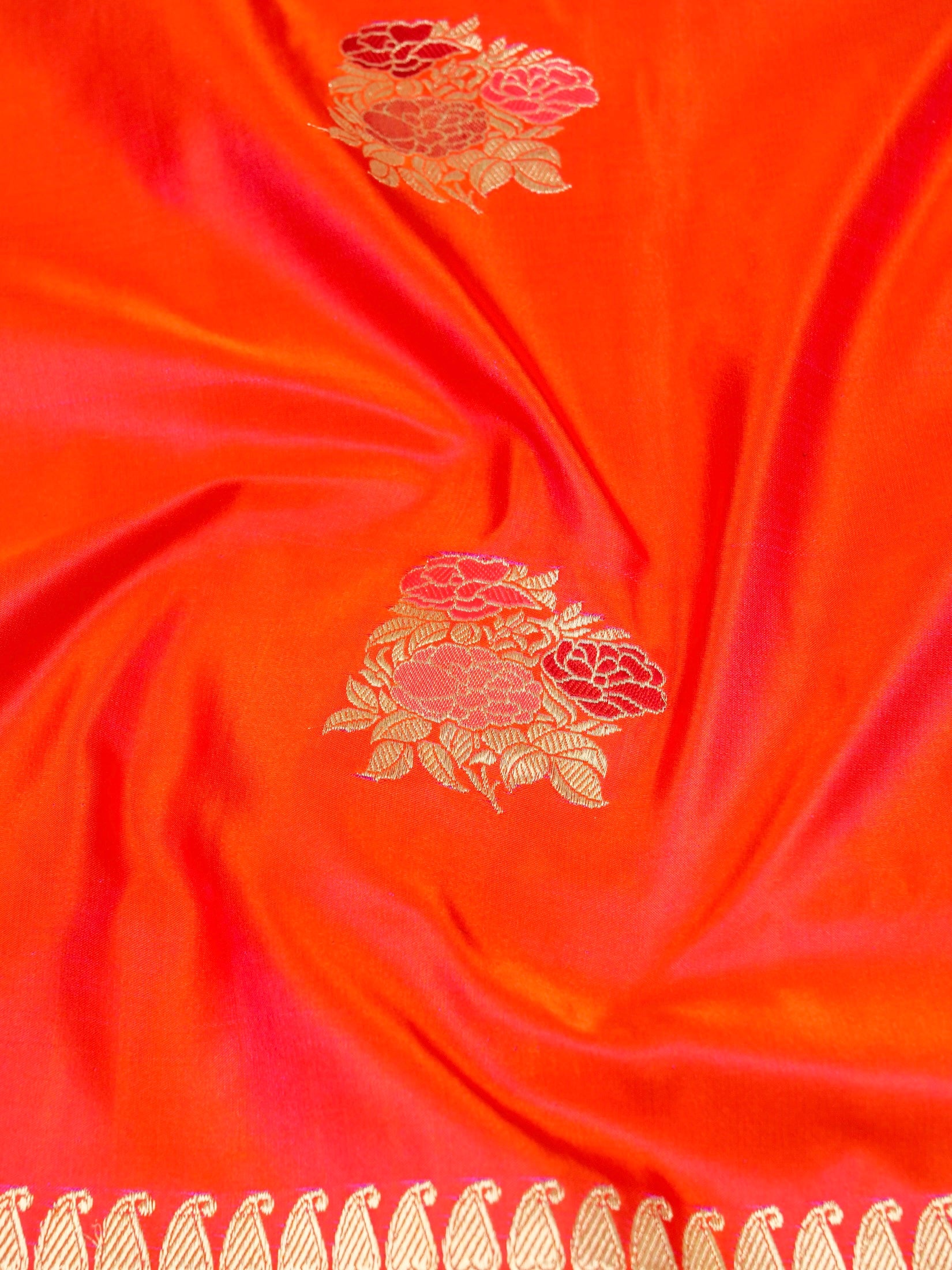 Orange Mashru Silk Kadhuwa Buta Zari Border Aanchal Saree