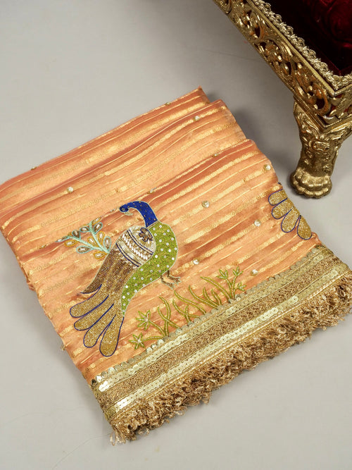 Beige and red Maharani Tissue Embroidery Jhalar Border with Mashru Blouse Saree