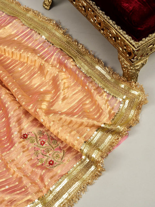 Beige and red Maharani Tissue Embroidery Jhalar Border with Mashru Blouse Saree