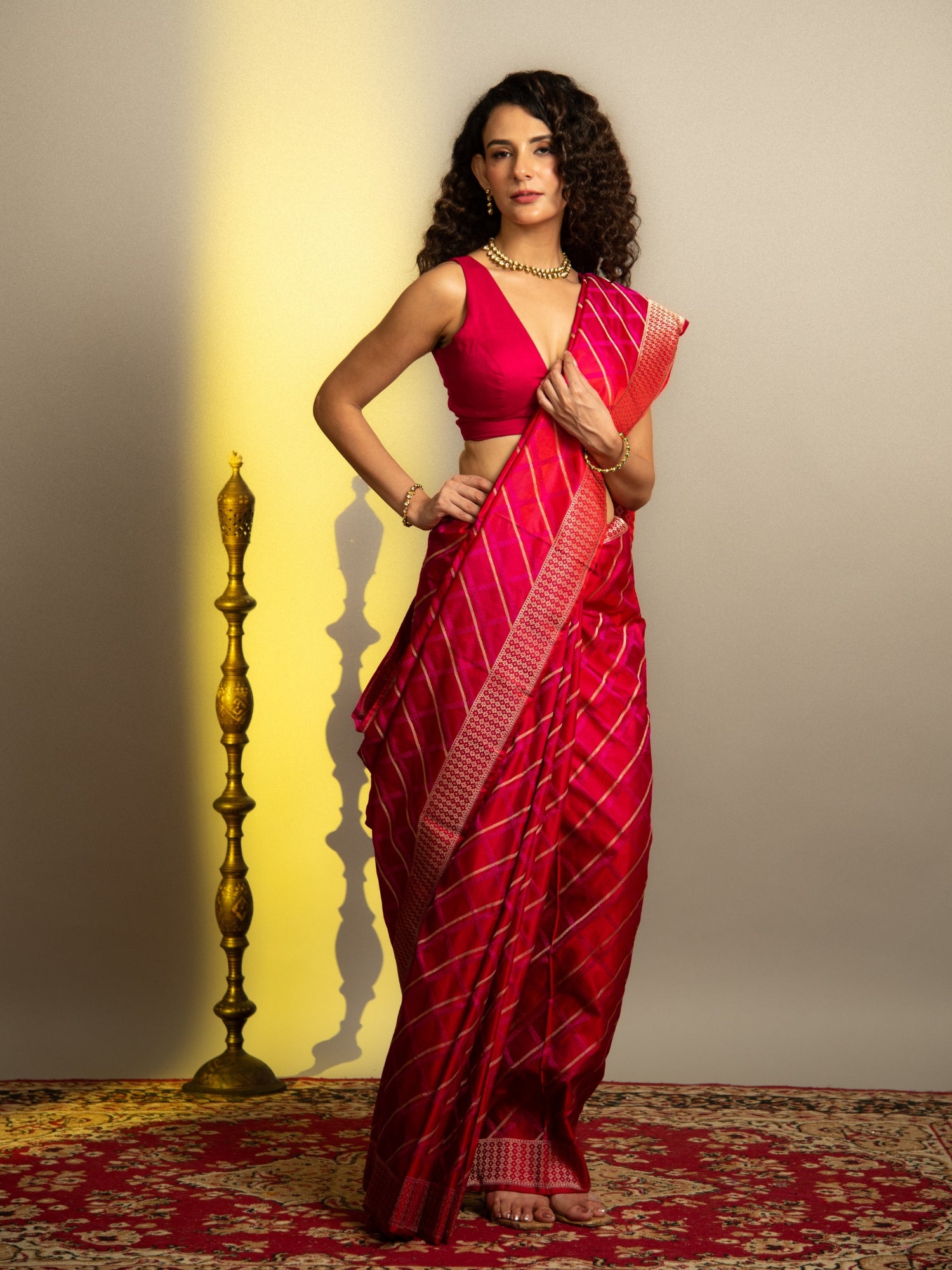 Dark Pink Handloom Banarasi Mashru Silk Saree with Resham & Zari Stripes