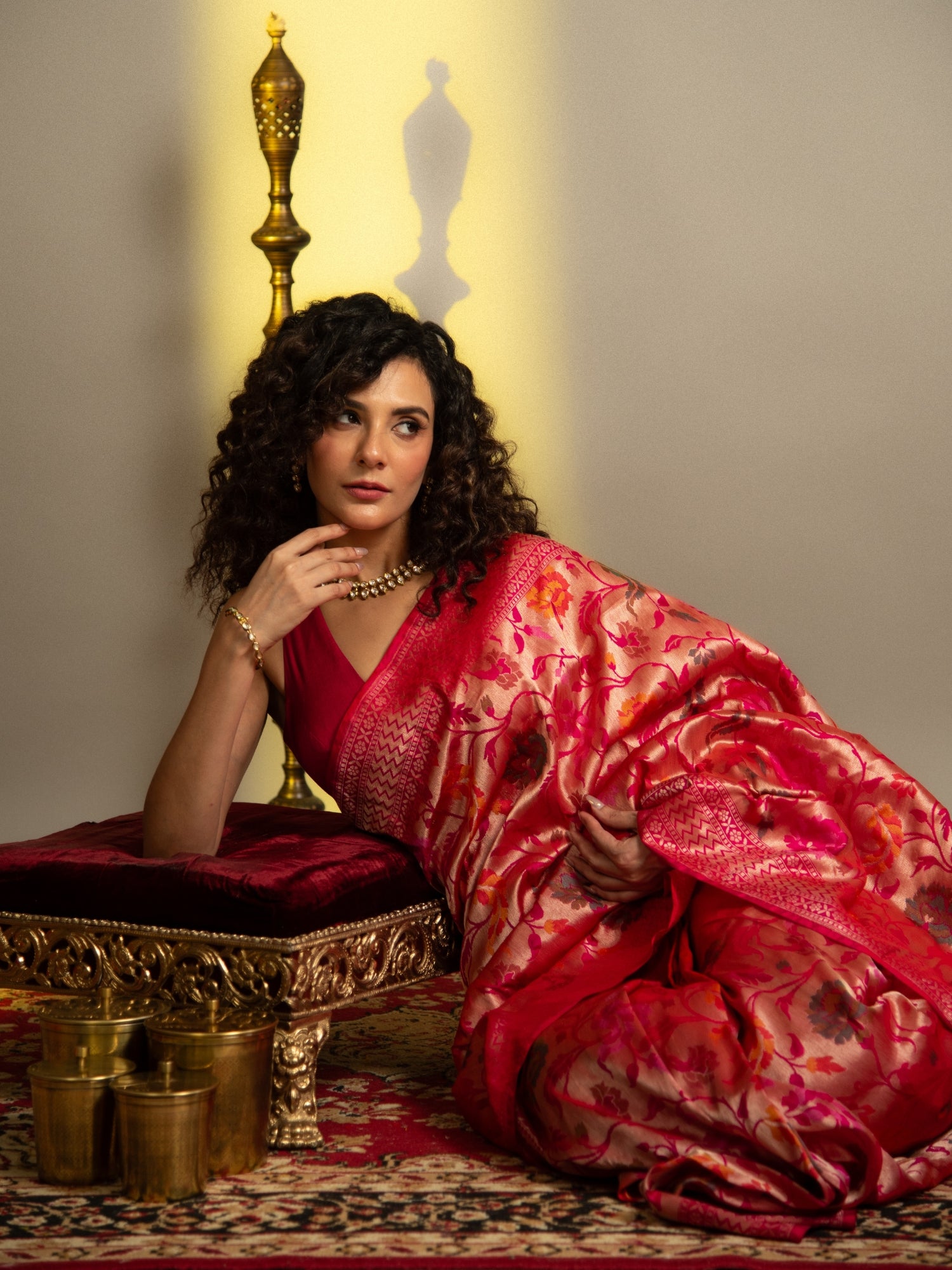 Red and Pink Meenakari Banarasi Katan Silk Saree